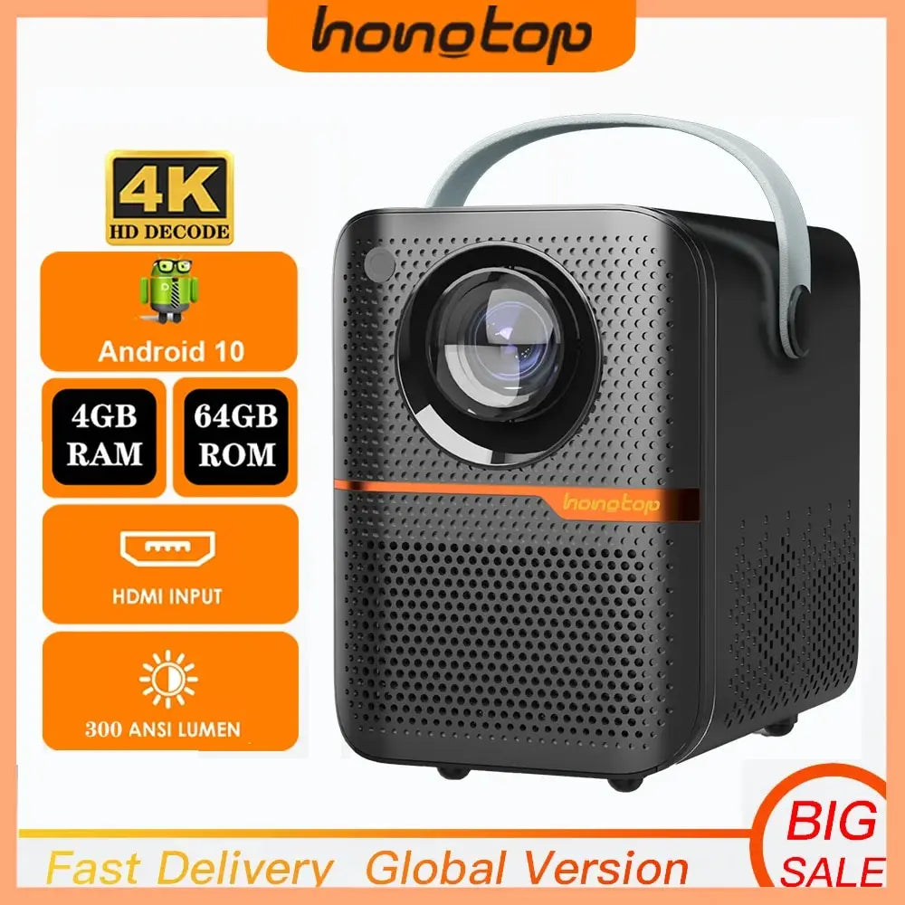 HONGTOP Android Smart Mini  Portable Projector 4K with WIFI Bluetooth 1080P Home Movie Theater Beamer
