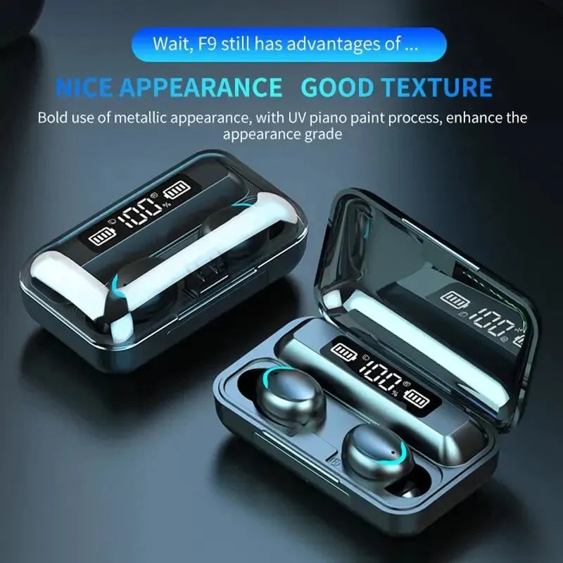 F9 Wireless Bluetooth Headphones Tws Waterproof Earbuds Earphones Digital Display Headset Large Capacity Charging Case